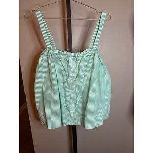 J.Crew Green White Striped Button Front Ruffle Camisole Tank Top Cotton Poplin